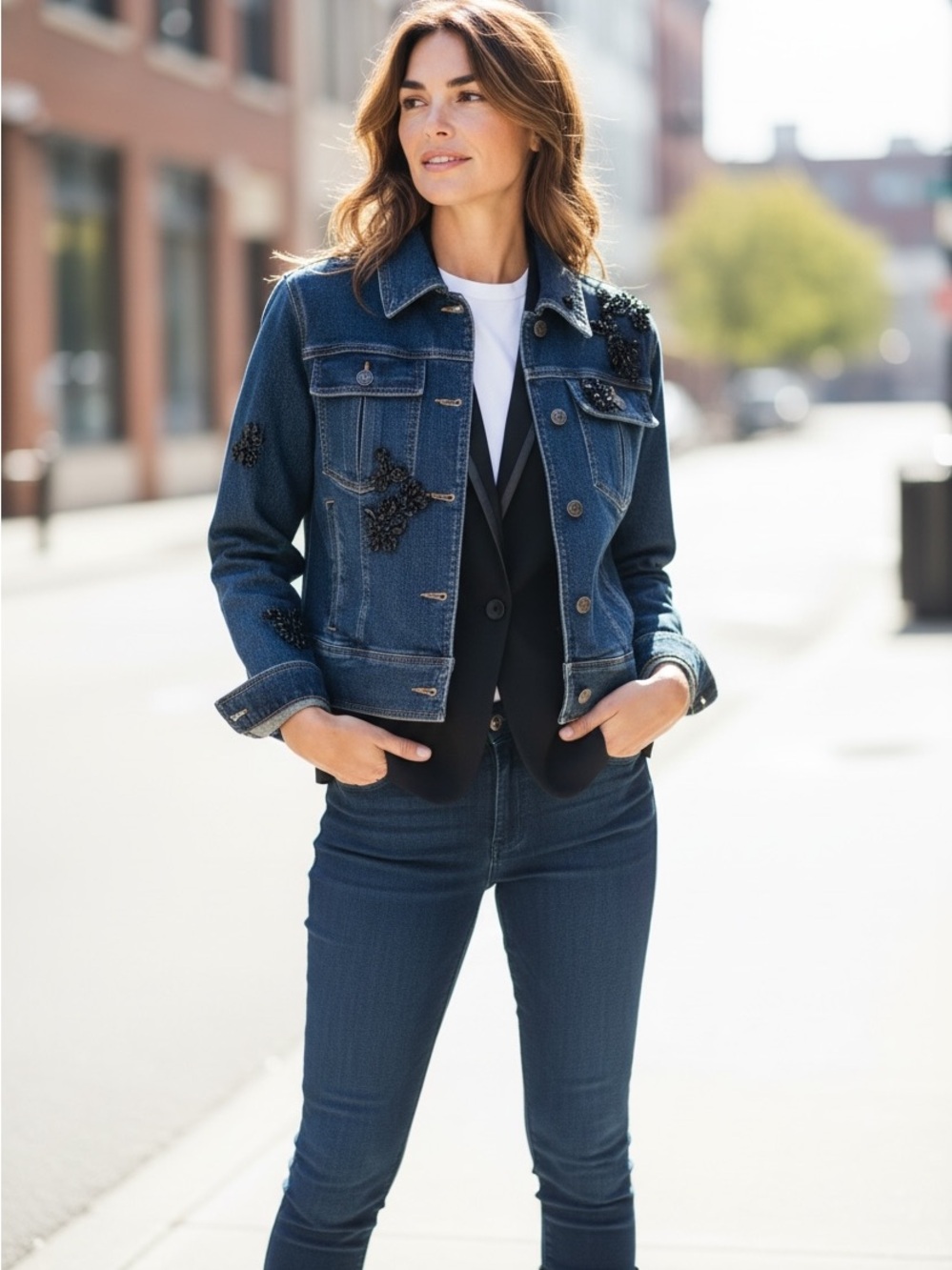 cinq a sept Dark Blue Denim Jacket with Embellished Button